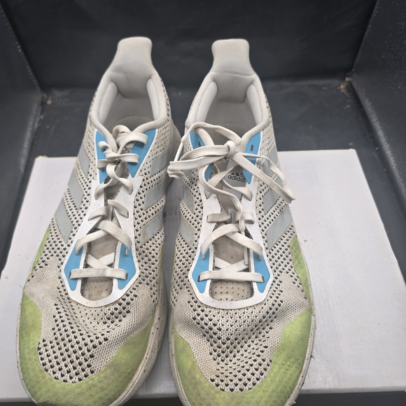 Adidas White and Lime Sneakers with‎ Blue Detail